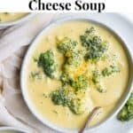Pinterest image for dairy free broccoli cheese soup.