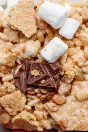 A s'mores rice krispie treat on a plate.