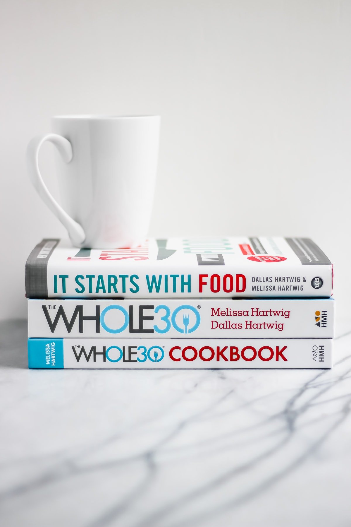 Your Whole30 Journey - Where to Start #whole30 Three Whole30 books stacked on top of each other with a white coffee mug on top.