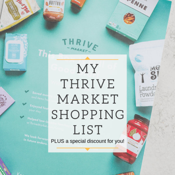 The title "my thrive market shopping list" over a flyer for Thrive Market.