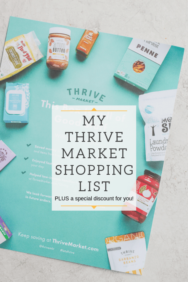 A flyer for Thrive Market with the title \"my thrive market shopping list\".