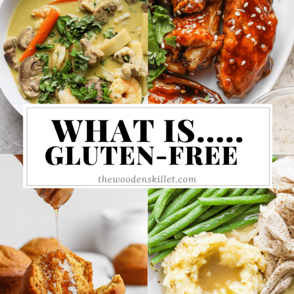 Images for chicken & shrimp curry, bbq wings, gluten free cornbread muffins, gluten free gravy, and the title "what is...gluten-free".