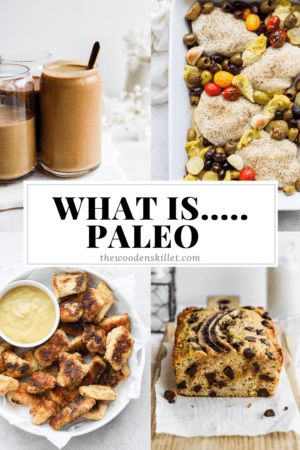 Images for a protein shake, greek chicken bake, homemade chicken nuggets, paleo chocolate chip banana bread and the title "What is...Paleo".