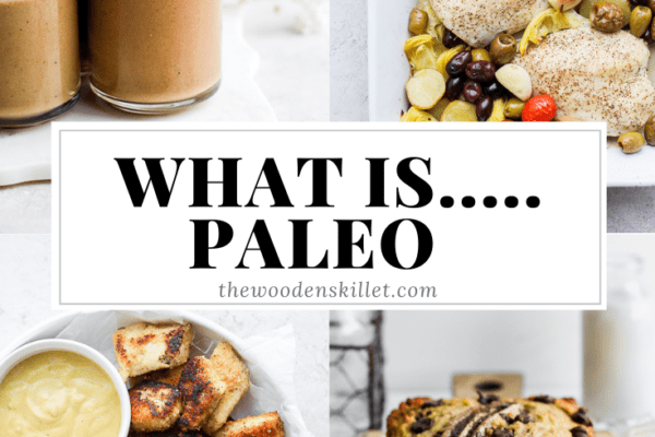 Images for a protein shake, greek chicken bake, homemade chicken nuggets, paleo chocolate chip banana bread and the title "What is...Paleo".