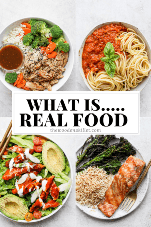 Images for a teriyaki chicken rice bowl, marinara sauce, crispy buffalo chicken salad, grilled salmon and the title "what is...real food".