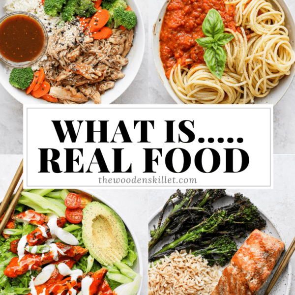 Images for a teriyaki chicken rice bowl, marinara sauce, crispy buffalo chicken salad, grilled salmon and the title "what is...real food".