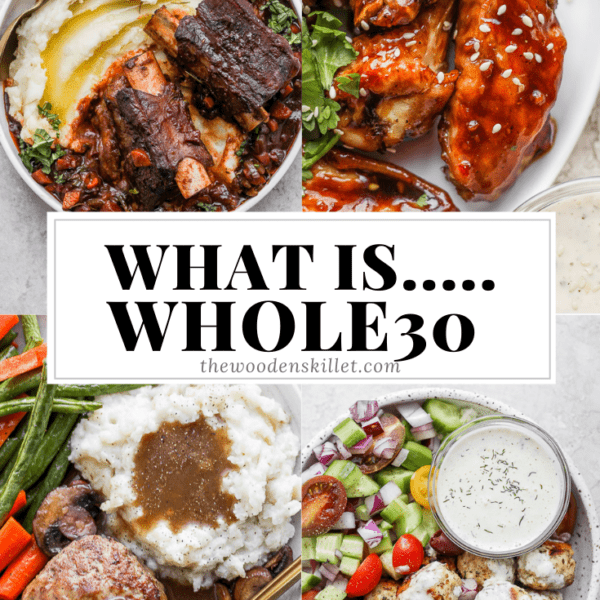 Images of braised short ribs, bbq chicken wings, salisbury steak, greek chicken meatballs and the title "what is... whole30".