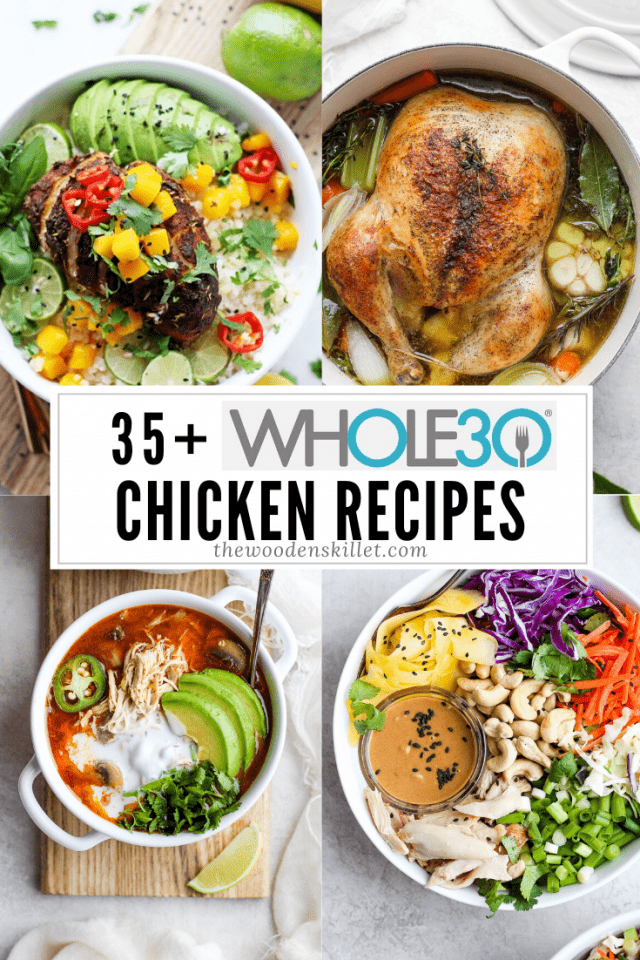 The title \"35+ Whole30 chicken recipes\" with images for jerk chicken, roast chicken soup, white chicken chili, and rotisserie chicken salad.